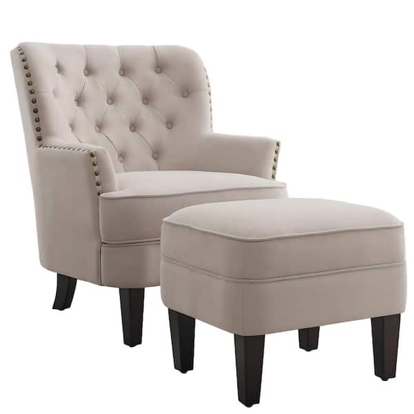 Beige Button Tufted Velvet Straight Arm Chair with Ottoman for Living Room or Bedroom