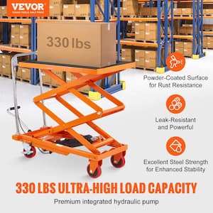 Hydraulic Lift Table Cart 330 lbs. Capacity 50 in. Lifting Height Manual Double Scissor Lift Table with 4 Wheels, Orange