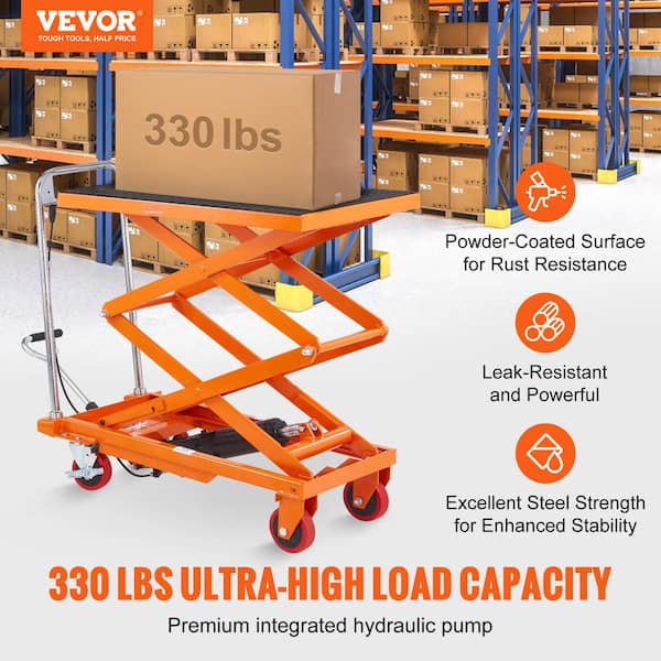 Hydraulic Lift Table Cart 330 lbs. Capacity 50 in. Lifting Height Manual Double Scissor Lift Table with 4 Wheels, Orange