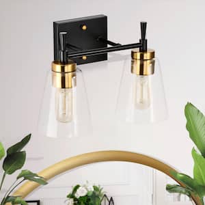 Briarwood 13 in. 2-Lights Black and Antique Brass Vanity Light with Clear Cone Glass Shades