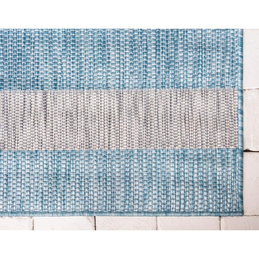 Aqua Blue and Ivory Stripe 6' x 9' Easy-Care Outdoor Rug