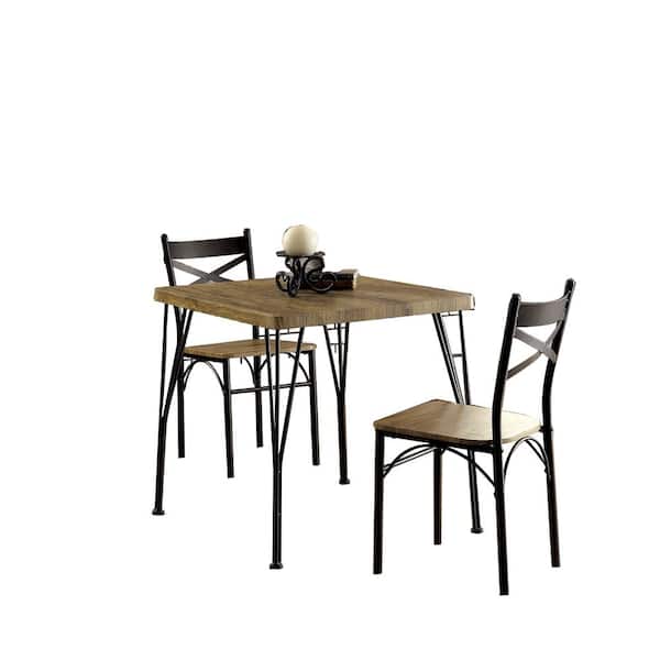 Benjara Industrial Style 3-Piece Brown and Black Wooden Dining Table Set