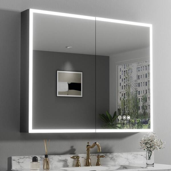 40 in. W x 32 in. H Rectangular Aluminum Dynamic Flow Lighting Surface/Recessed Mount Medicine Cabinet with Mirror