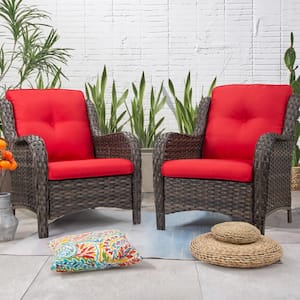 Ergonomic Arm 2-Piece Patio Wicker Outdoor Lounge Chair with Thick Red Cushions