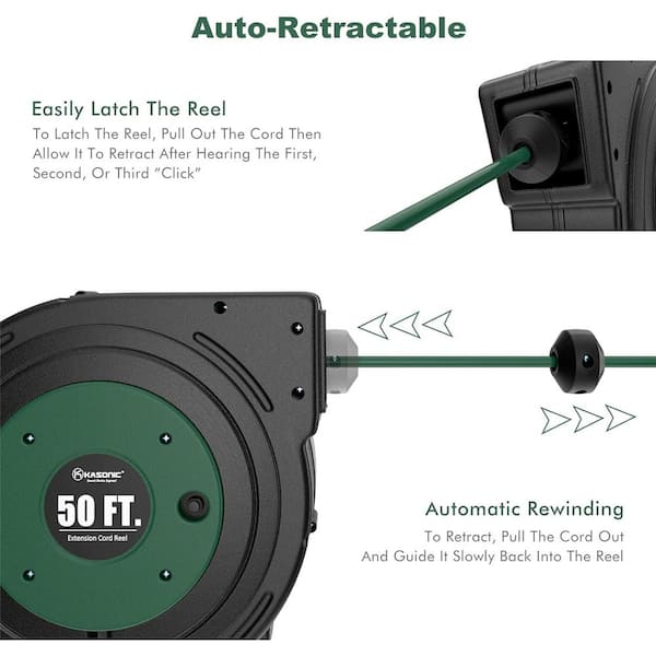 Etokfoks 50 ft. 14AWG/3C, 13 Amp Retractable Extension Cord Reel with 3  Grounded Outlet, Wall or Ceiling Mountable, Green MLPH005LT211 - The Home  Depot