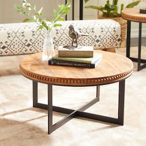 30 in. Brown Medium Round Wood Beaded Coffee Table with Metal X-Shaped Base