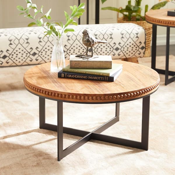 Litton Lane 30 in. Brown Medium Round Wood Beaded Coffee Table with Metal X-Shaped Base