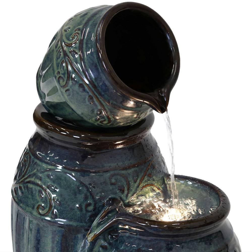 Dark Cyan Ceramic Vase Outdoor Water Fountain with LED Lights