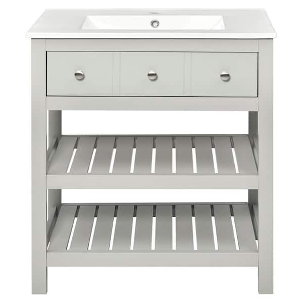 Cesicia 30.3 in. W x 18.5 in D. x 33 in. H Freestanding Bathroom Vanity in Gray with 2-Tier Storage Shelf and Ceramic Sink Top