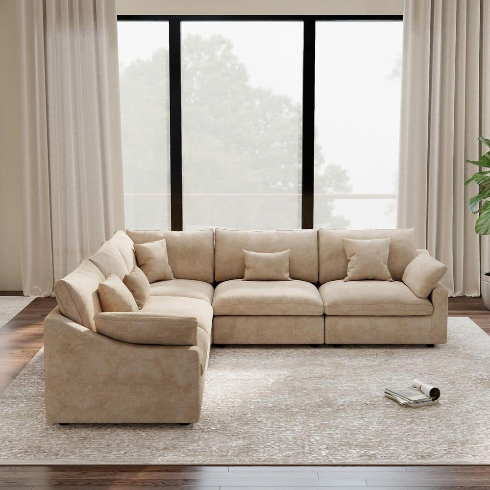118.11 in. Slope Arm 5-Piece Deep Seat Down Linen Modular Sectional Sofa Free Combination with Removable Cover in Brown