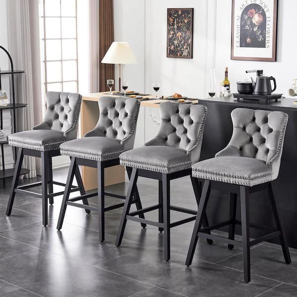 30 in. Gray Velvet Upholstered Solid Wood Frame Bar Height Swivel Bar Stool (Set of 4)