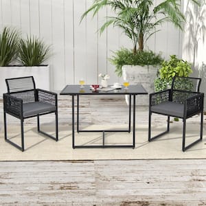 Black 3-Piece Metal Outdoor Dining Set with Folding Backrest and Seat Gray Cushions