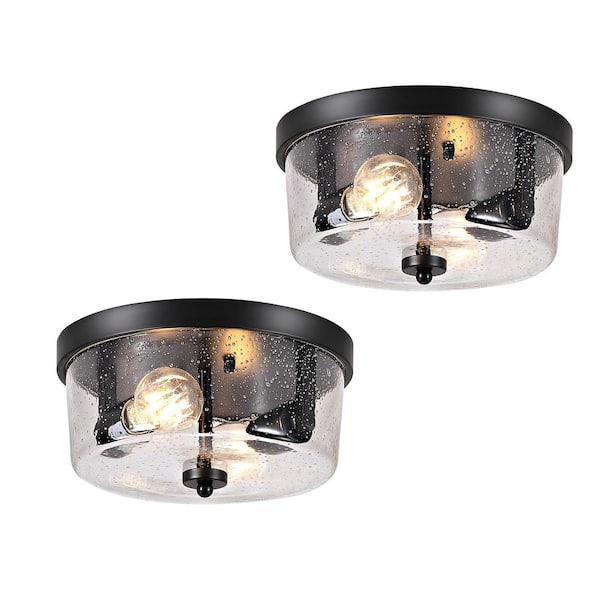 10.63 in. 2-Light Matte Black Flush Mount with Seeded Glass Drum Shade(2-Pack)