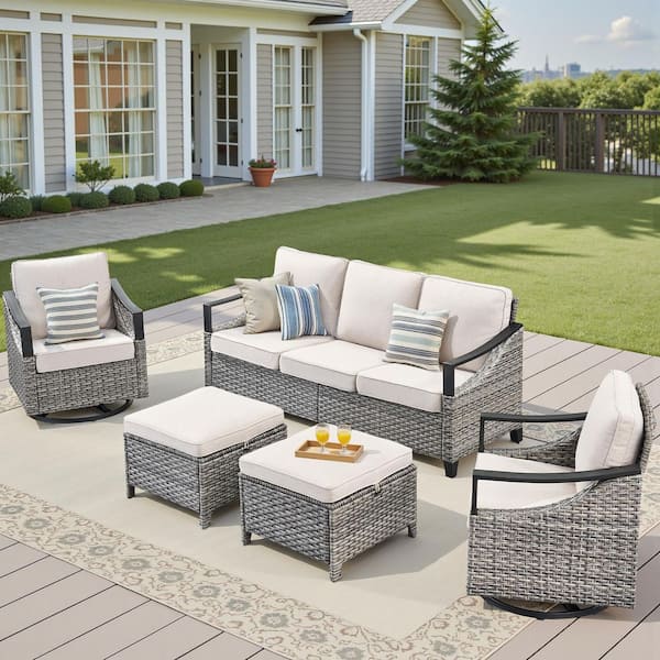 Buenaola Vasco 5-Piece Metal and Wicker Patio Conversation Set Outdoor 24 in. Deep Seating Sofa Set with Beige Cushions