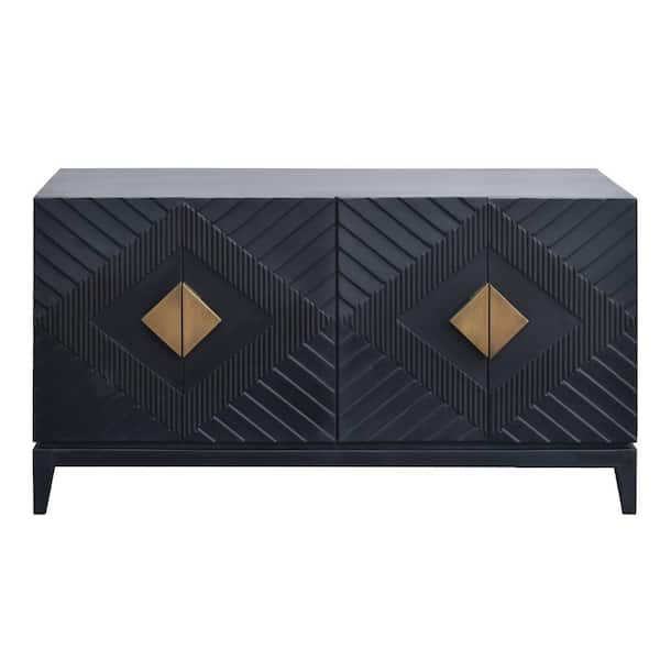 THE URBAN PORT Abiel Matte Black and Brass 55 in. Mango Wood Sideboard Buffet Console with 2 Door Cabinet