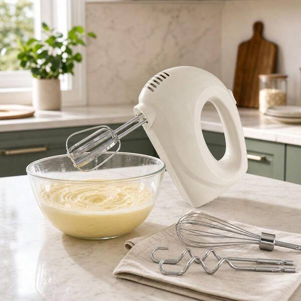 Wudkey Ivory 5-Speed Lightweight Hand Mixer with Whisk and Traditional Beaters Electric Hand Mixer for Blending or Cooking