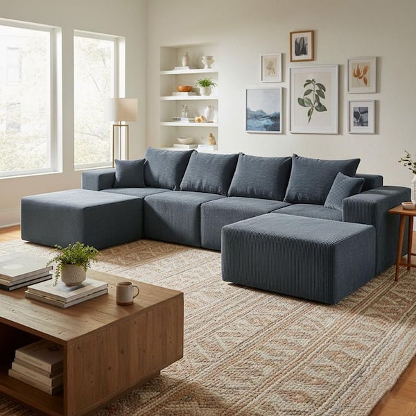 SSOXSJ 128.3 in. Square Arm 6-Piece Corduroy Free Combination Modular Sectional Sofa with Ottomans in. Steel Blue