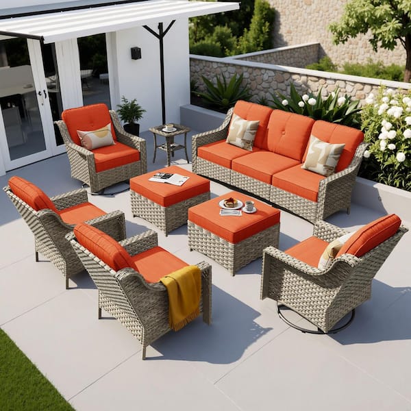 XIZZI TranquilNest 8 Pieces Wicker Patio Conversation Seating Sofa Set with Orange Red Cushions and Swivel Rocking Chairs
