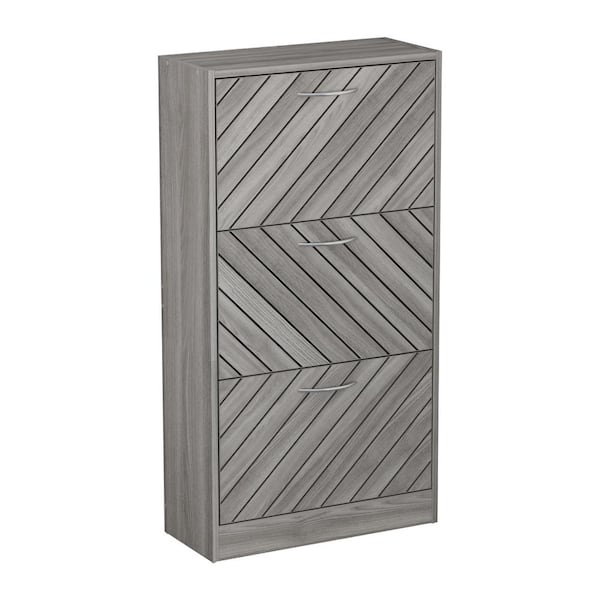 Gray 18-Pair Shoe Storage Cabinet with 3-Drawers and 6-Compartments and Wood Grain