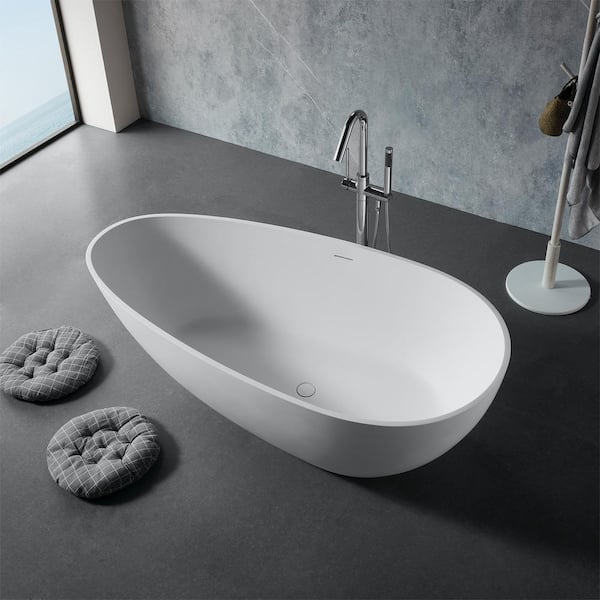 INSTER JUNO 59 in. Composite Resin Flatbottom Solid Surface Oval Freestanding Soaking Bathtub in White
