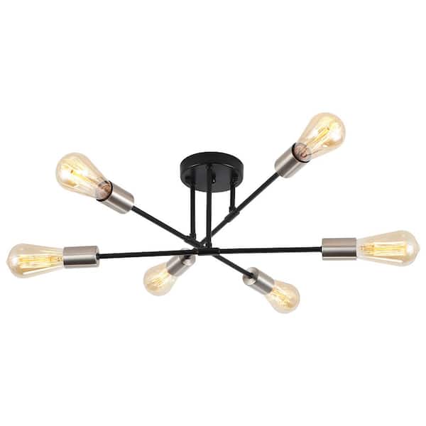 20.66 in. 6-Light Black and Nickel Sputnik Modern Semi-Flush Mount Ceiling Light