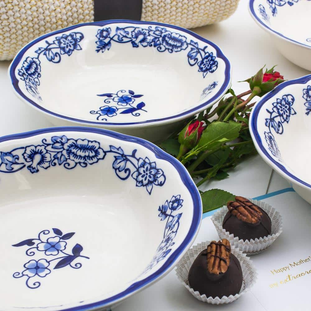 Sophisticated Blue Garden 16-Piece White Ceramic Dinnerware Set