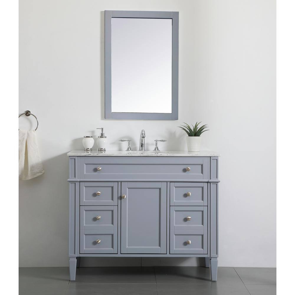 Gray Solid Wood and Marble Single Bathroom Vanity with Porcelain Sink