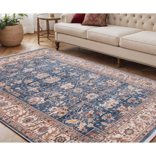 5 ft. x 8 ft. Navy Blue Beige And Brown Oriental Area Rug With Fringe