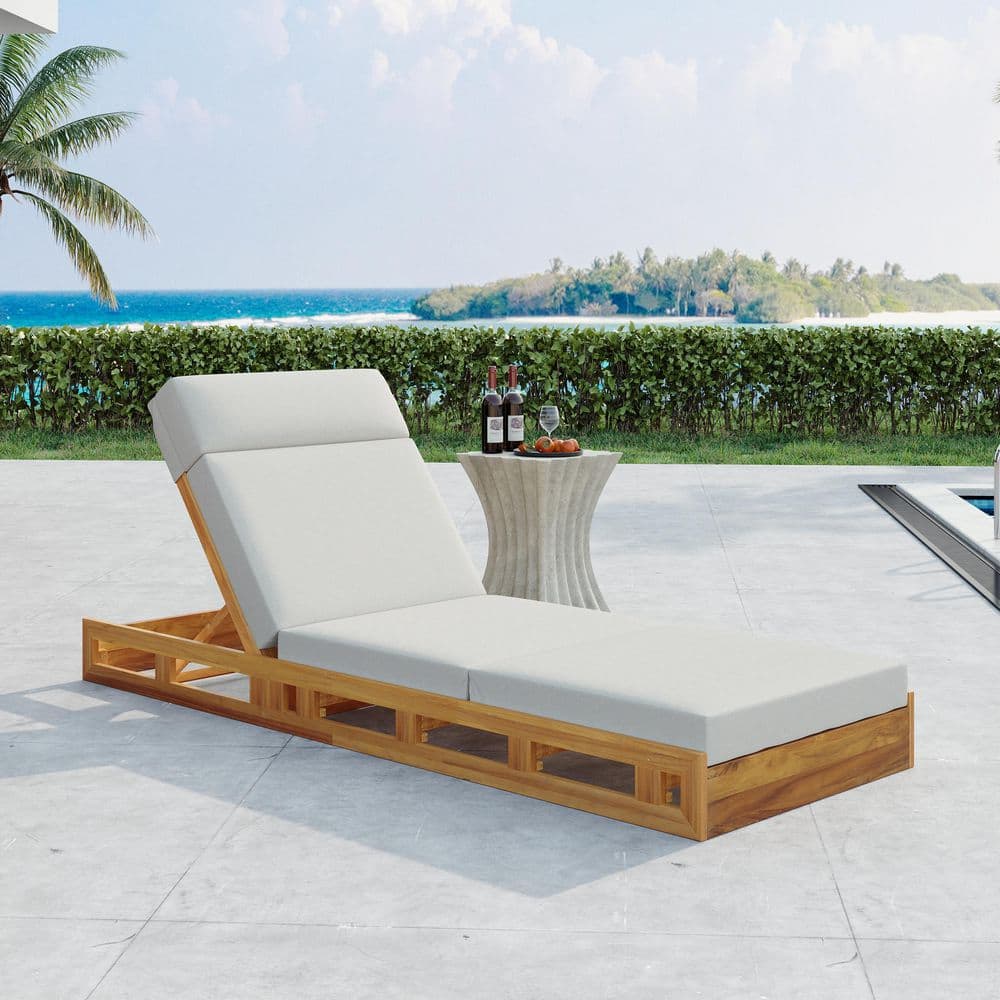 Elkins Patio Solid Wood Outdoor Chaise Lounge with Quad-Folding Cream Cushion, Adjustable Backrest, Teak Finish