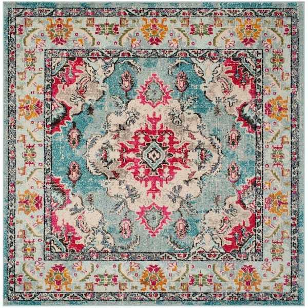SAFAVIEH Monaco Light Blue/Fuchsia 7 ft. x 7 ft. Distressed Border Medallion Square Area Rug
