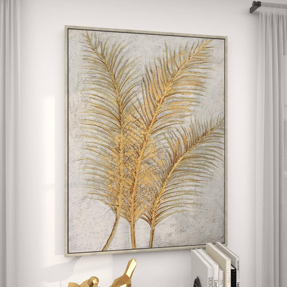 Large Gold and White Botanical Canvas Framed Wall Art