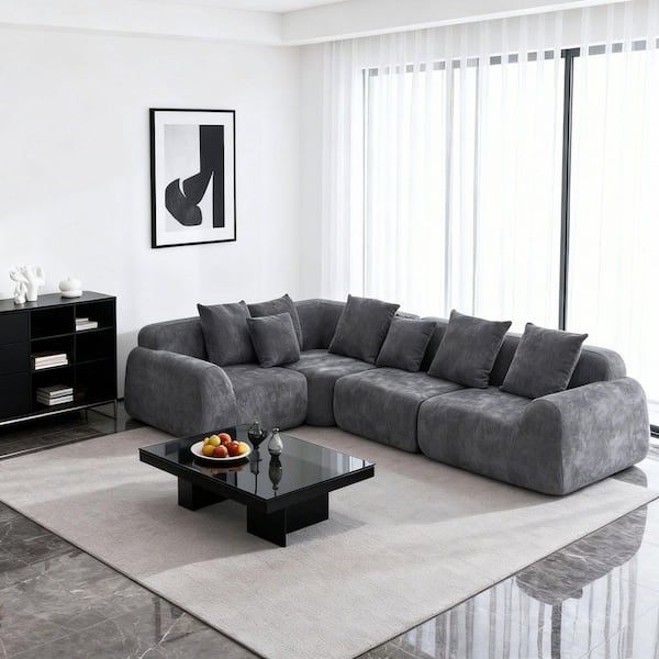 Crestwick Modern 116.14 in. Round Arms Velvet Upholstery L-Shaped Fully Compressed Sectional Sofa in Grey with Pillows