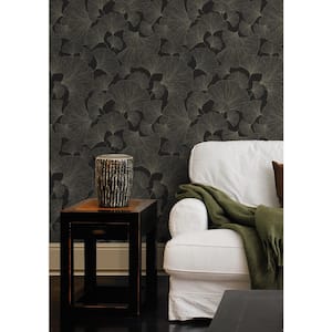 Waft Black Ginkgo Vinyl Non-Pasted Wallpaper Roll