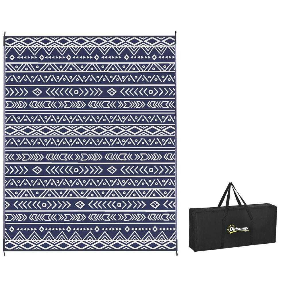 Blue and White Geometric 8 ft. x 10 ft. Waterproof Plastic Straw Floor Mat 