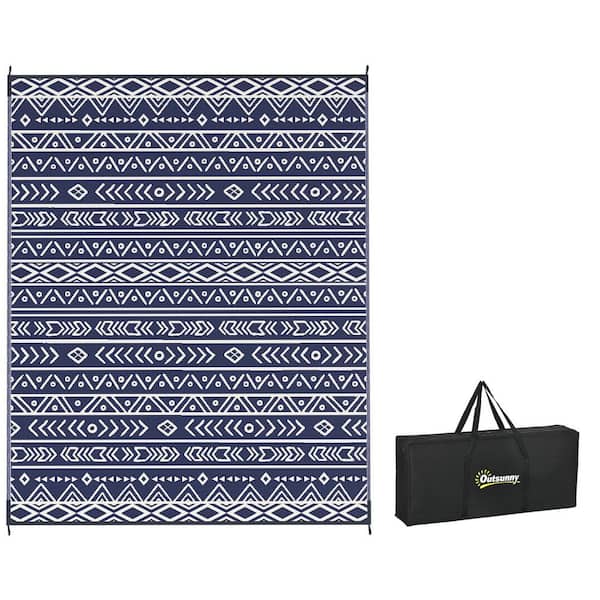Outsunny Blue and White Geometric 8 ft. x 10 ft. Waterproof Plastic Straw Floor Mat Large Reversible Outdoor Rug Area Rug