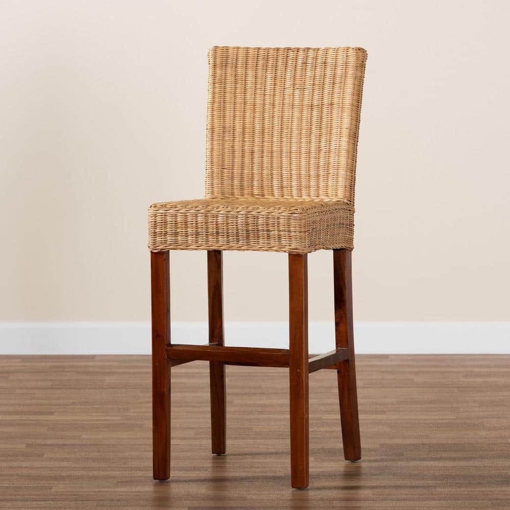 Racquel Natural Rattan and Mahogany Wood Bar Stool with Ergonomic Footrests