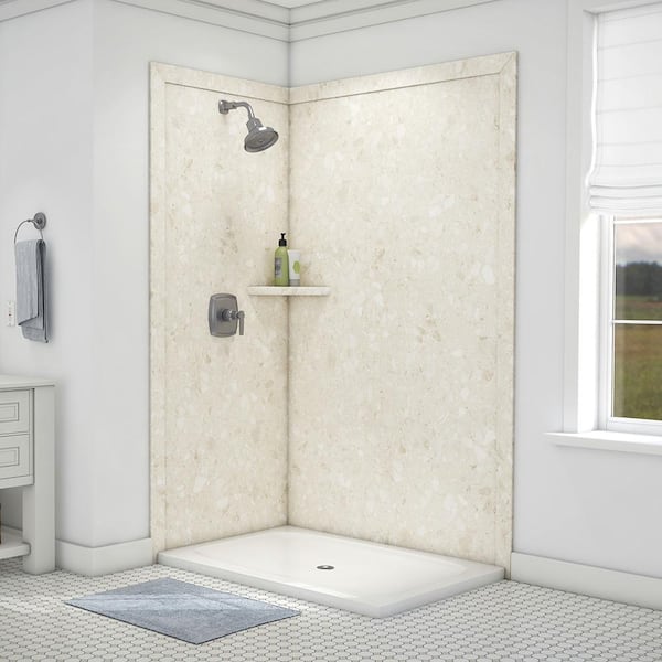FlexStone Elegance 36 in. x 48 in. x 80 in. 7-Piece Easy Up Adhesive Corner Shower Wall Surround in Calabria