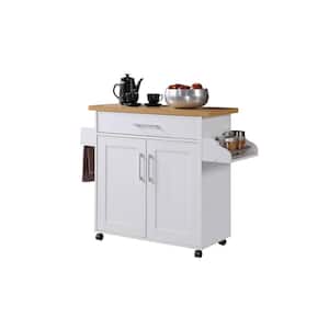 White Kitchen Island with Spice Rack and Towel Holder