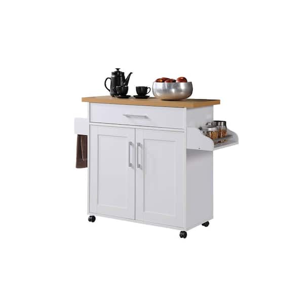 HODEDAH White Kitchen Island with Spice Rack and Towel Holder