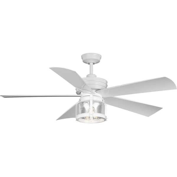 Progress Lighting Midvale 56 in. Indoor/Outdoor Satin White Coastal Ceiling Fan with 2700K Light Bulbs Included with Remote for Patio