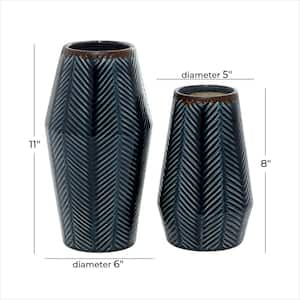 11 in., 8 in. Dark Blue Handmade Chevron Ceramic Decorative Vase (Set of 2)