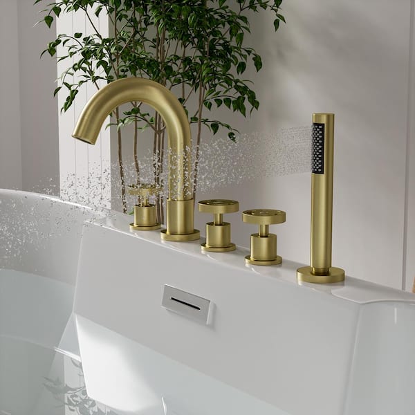 Modern 3-Handle Deck-Mount Roman Tub Faucet with Handshower in Brushed Gold