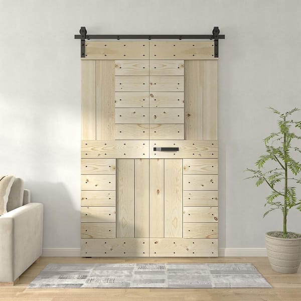 COAST SEQUOIA INC Coast Sequoia 30 in. x 84 in. Embossing S Series Unfinished Solid Pine Wood Bi-Fold Barn Door with Sliding Hardware Kit
