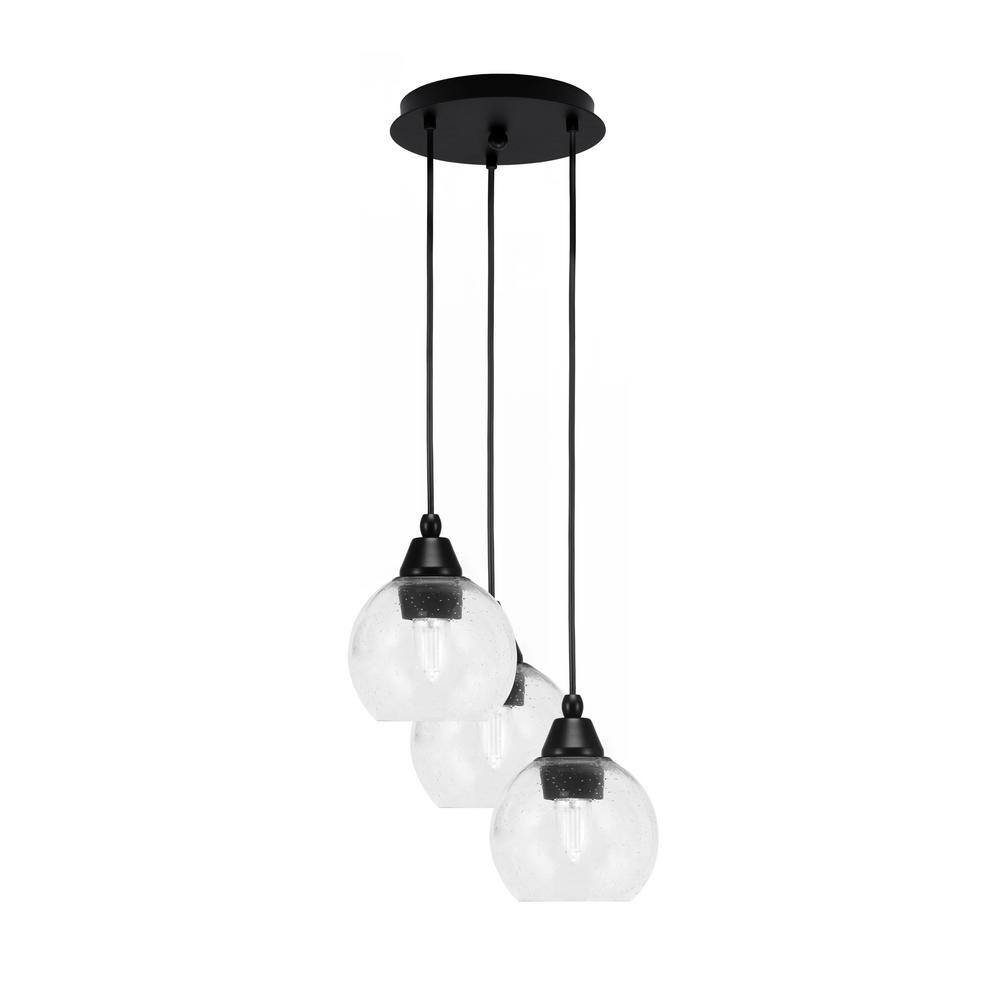 Savannah 9 in. 3-Light Matte Black Cord Pendant Light Clear Bubble Glass Sh