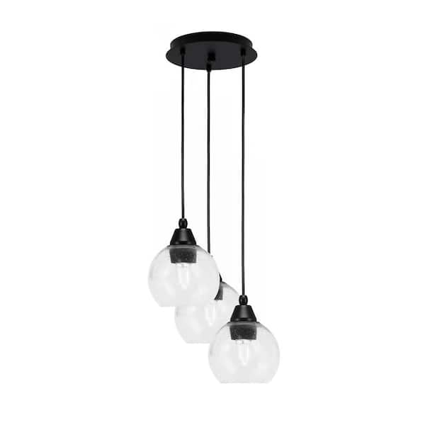 Unbranded Savannah 9 in. 3-Light Matte Black Cord Pendant Light Clear Bubble Glass Shade