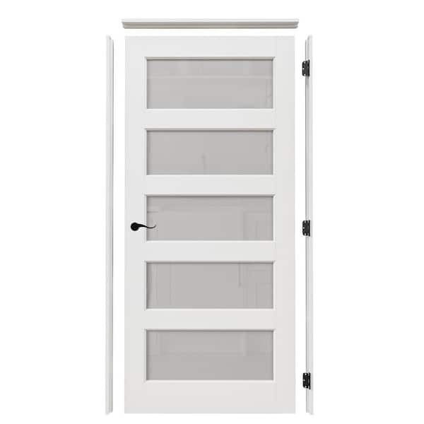 36 in. x 80 in. 5-Lite Frosted Glass Left White Solid Core Wood Single Interior Door with Quick Assemble Jamb