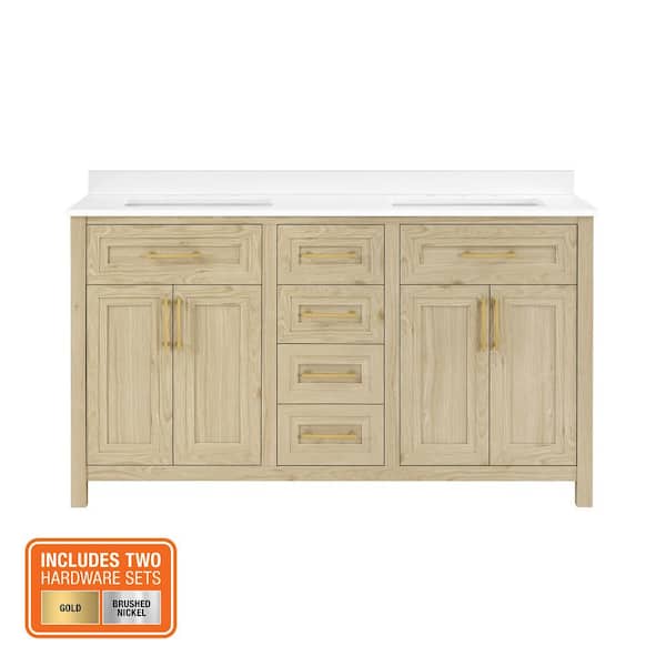 Beaufort 60 in. Double Sink Light Birch Bath Vanity with White Engineered Stone Top (Assembled)