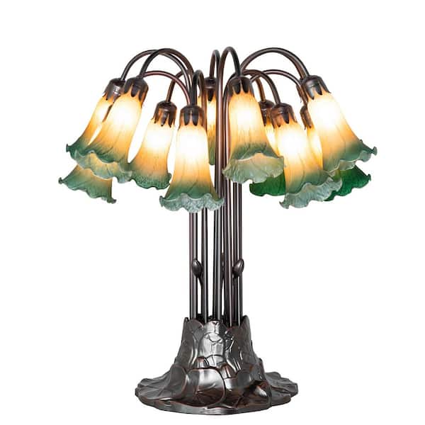Pond Lily 24 in Mahogany Bronze Victorian Novelty Table Lamp with Amber & Green Glass Shade