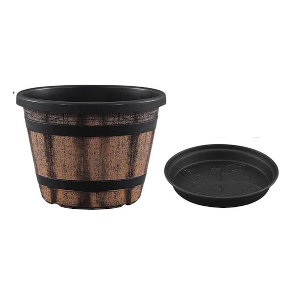 10 in. Dia x 7 in. H 4.5 qts. Brown Round Whiskey Barrel Planter with Drainage, Plastic Flower Pots (3-Pack)