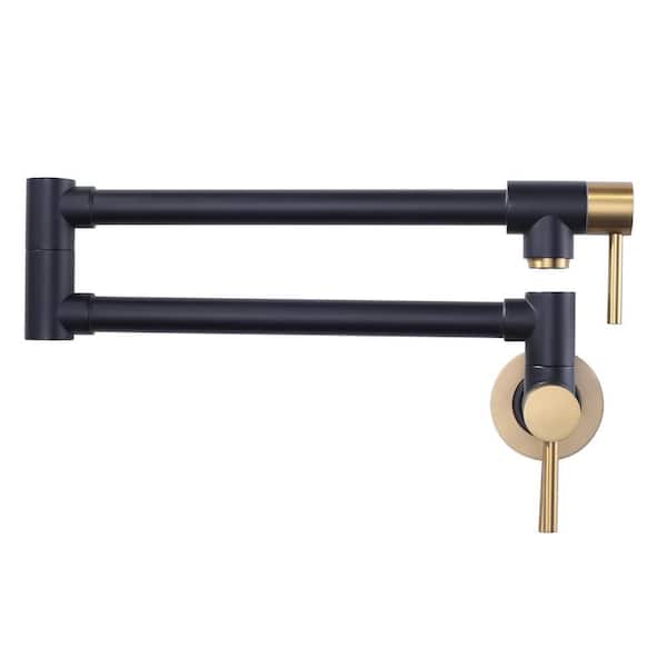 Brass Wall Mount Pot Filler with Double Handle, 2-aerators and Swing Arms Folding Kitchen Faucet in Black and Gold